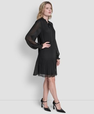 Women's Chiffon Pleated Tie Collar Shift Dress