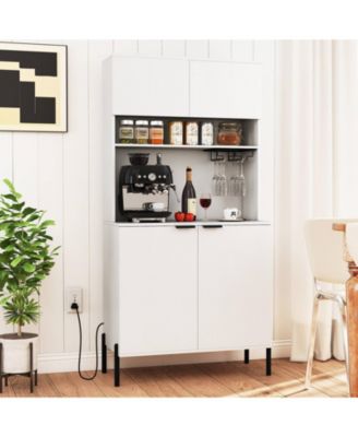 64.5” Kitchen Pantry Cabinet with Charging Station Wine Glass Rack Adjustable Shelf