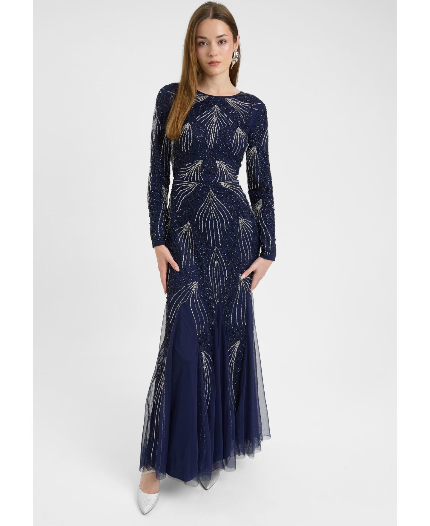 Женское платье Maryisa Modest Embellished Sequin Beaded Dress Maxi With Designer Bottom, цвет: Ночной синий — фото 4