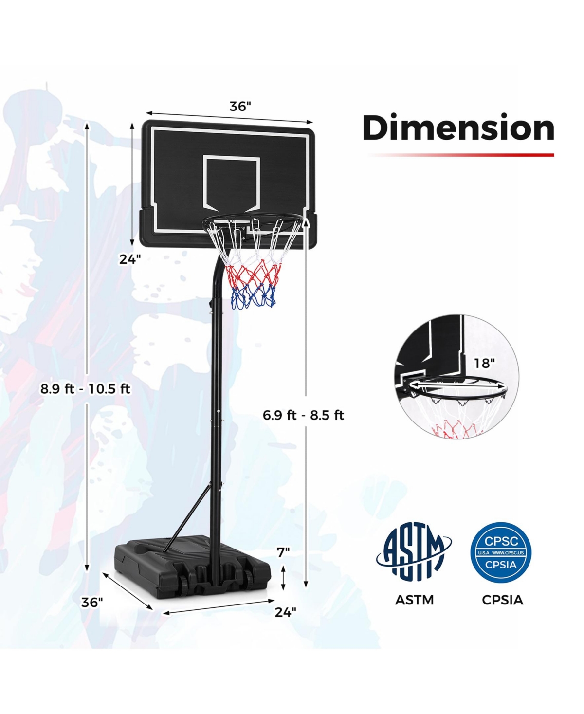Sugift Portable Outdoor Basketball Hoop 6.9-8.5 Ft Adjustable with Fillable Base Shatterproof Pc Backboard