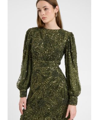 Women's Modest Embellished Sequin Beaded Dress Maxi With loose Cuff Sleeves