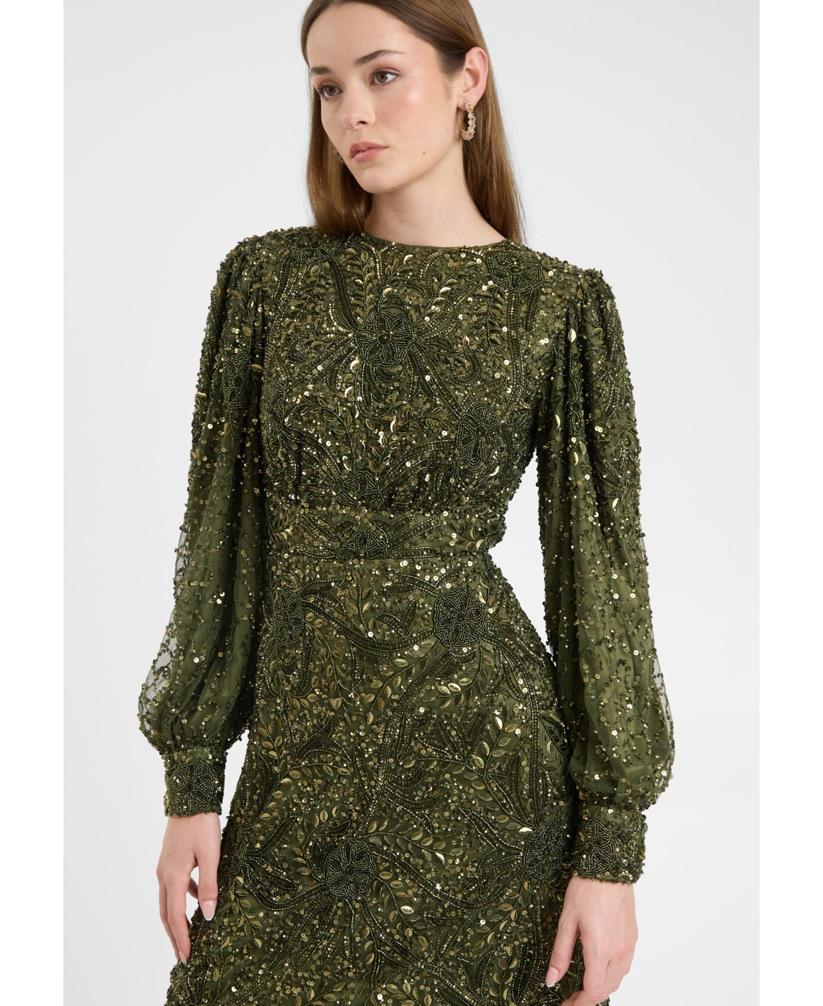 Maryisa Women's Modest Embellished Sequin Beaded Dress Maxi With loose Cuff Sleeves