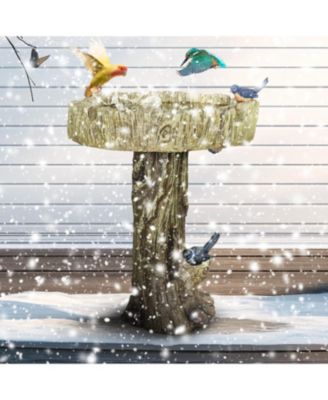 24.4" Wood-Look Concrete Bird Bath with faux bird, rustic and durable design for garden decor.