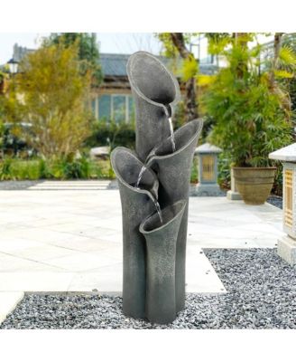 Faux Stone 33.5" 4-Tier Outdoor Water Fountain with LED Lights - Cascading Floor Fountain Indoor/Outdoor Waterfall Feature for Patio, Garden