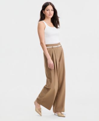 Women's Belted Pleated Wide-Leg Trousers