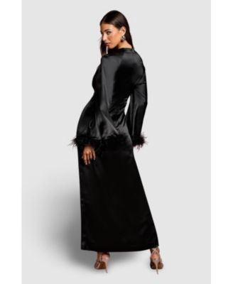Women's Feather Trim Satin Maxi Dress
