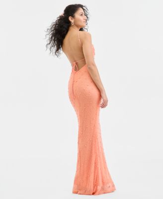 Juniors' Cowl-Neck Beaded Sleeveless Gown 