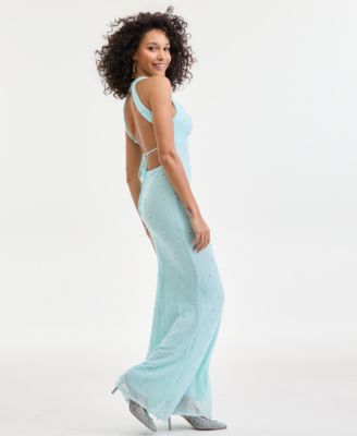 Juniors' V-Neck Low-Back Bead-Embellished Gown 