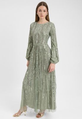 Women's Modest Embellished Sequin Beaded Dress Maxi With Flowey A Line Bottom