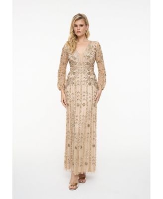 Women's Embellished Sequin Beaded With Designer Sleeves Maxi Dress