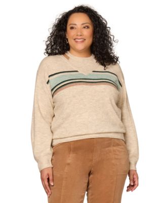 Plus Size Striped Band Detail V-Neck Sweater