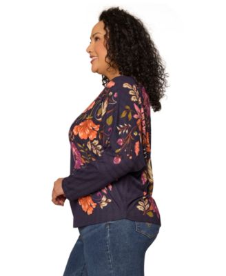 Plus Size Print Placement Detail Long-Sleeve Sweater