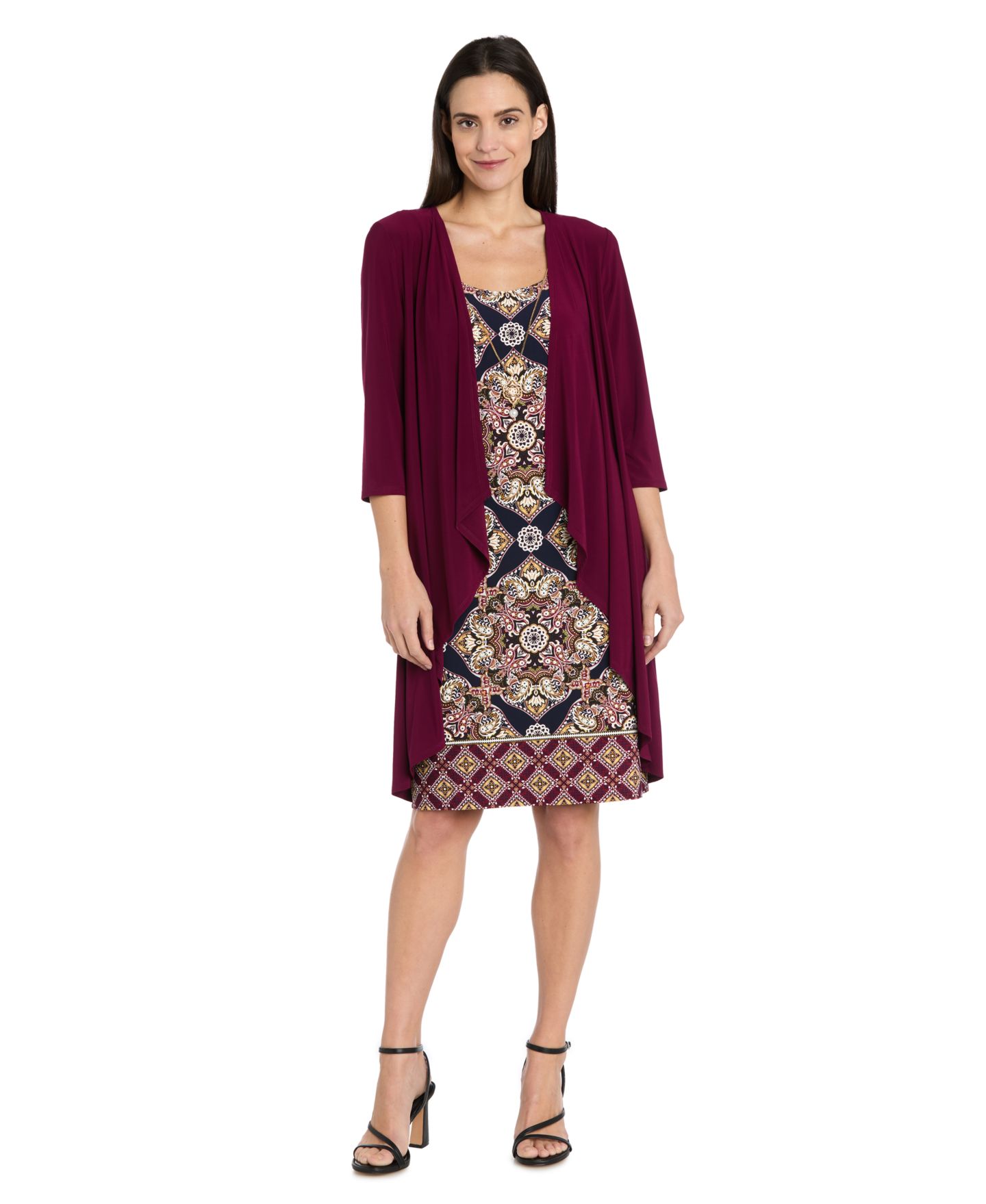 Женские платья R & M Richards Printed Interlock Twist Yarn Jacket Dress, 2-Piece Set, цвет: Бордовый / Тёмно-синий — фото 1