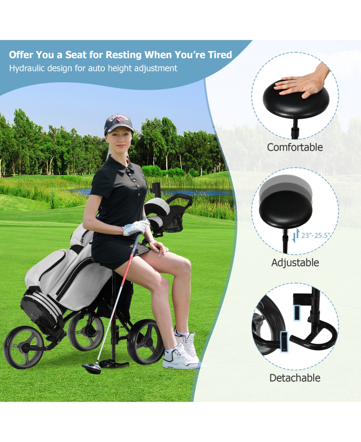 Givimo 3 Wheels Folding Golf Push Cart with Seat Scoreboard and Adjustable Handle-Gray