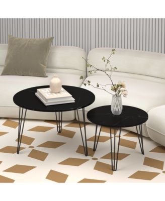 27.56 Inch Round Nesting Coffee Table Set of 2 with Marble Tabletop and Metal Base