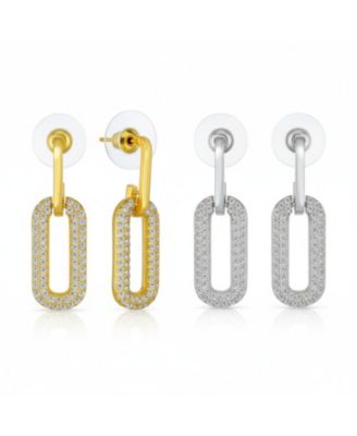 Modern Set of 2 Geometric Vertical U Rectangle Micro Pave CZ Dangling Chain Link Paperclip Earrings Gold Plated