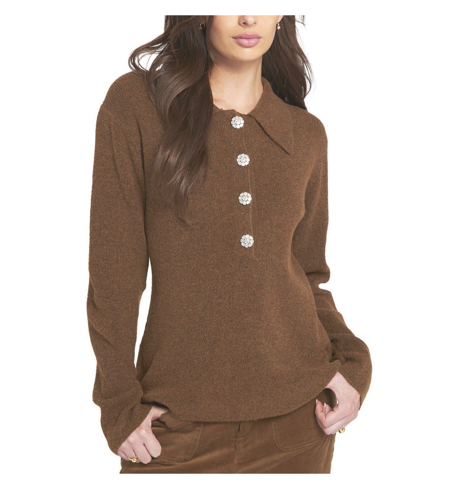 Women's Fuzzy Knit Jumper Henley Sweater