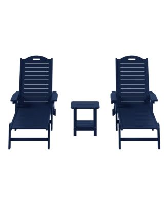 3-Piece Polyethylene Outdoor Patio Chaise Lounge Chair with Wheels & Cup Holder with Patio Side Table