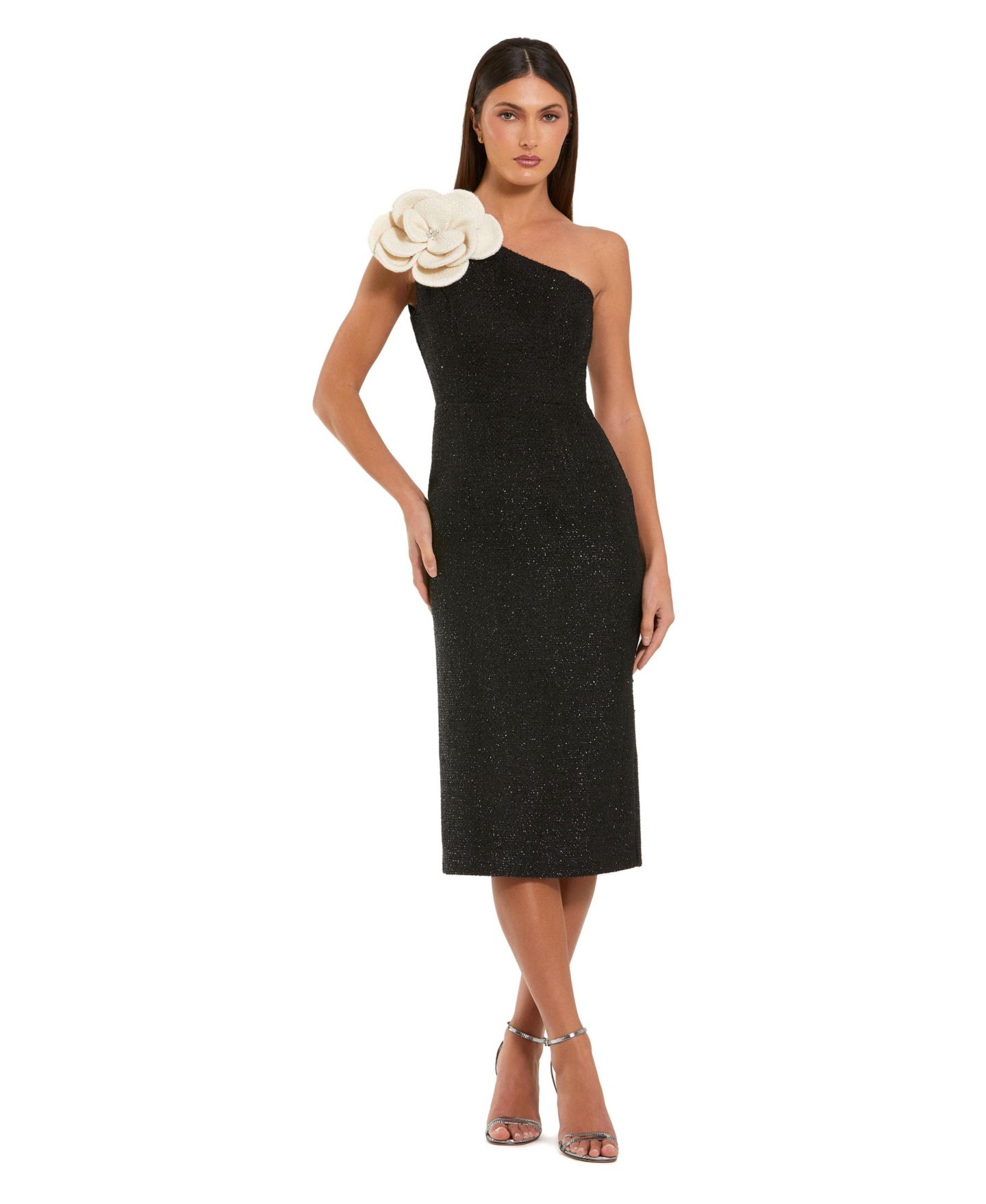 Женское платье Mac Duggal One Shoulder Boucle Midi Dress With 3D Flower, цвет: Чёрная слоновая кость — фото 1