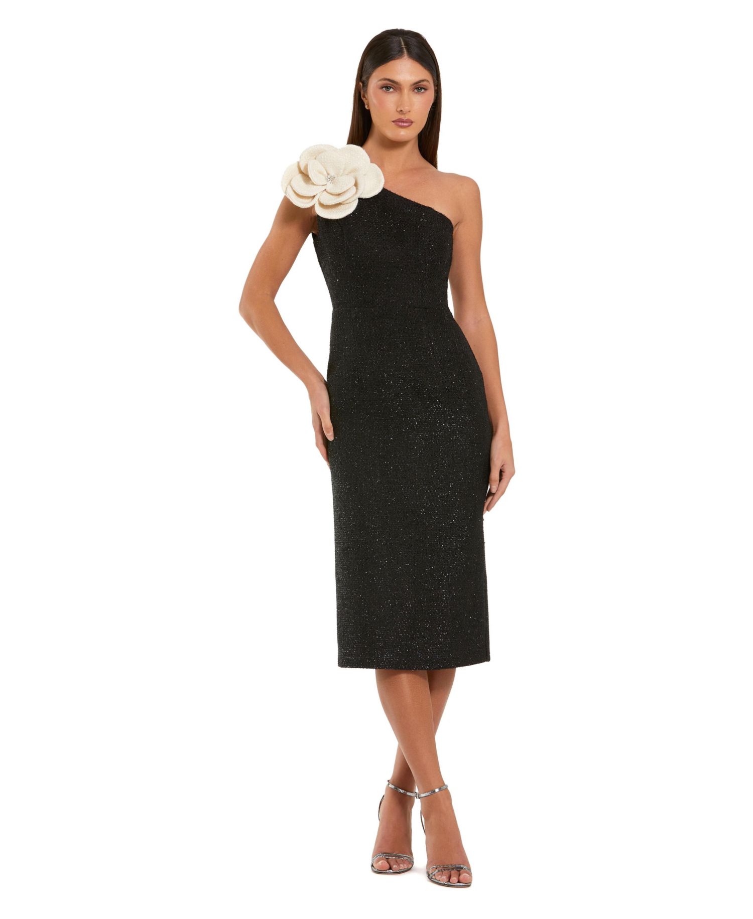 Women's One Shoulder Boucle Midi Dress With 3D Flower