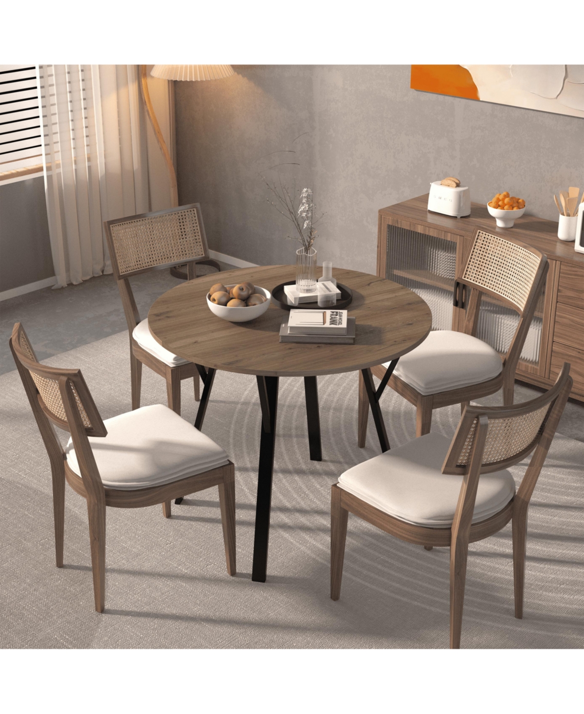 Casainc 35.43 Inch Round Dining Table with Black Metal Legs in Brown(only table)