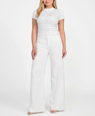 Women's Rhinestone-Logo Mock-Neck Short-Sleeve Top