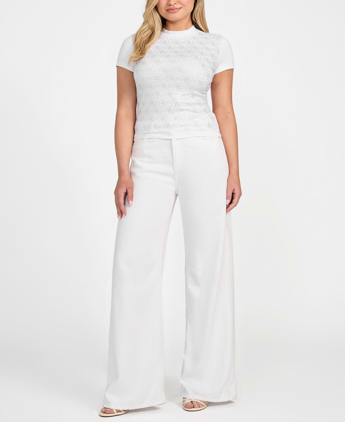 Guess Women's Rhinestone-Logo Mock-Neck Short-Sleeve Top