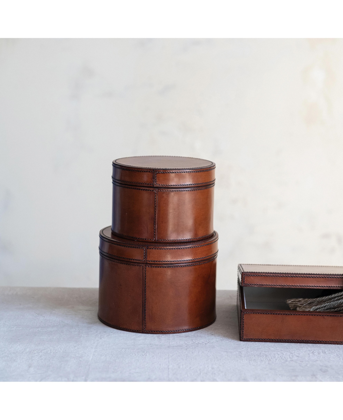 Storied Home 2-Piece Wood and Leather Round Boxes, Cognac Color