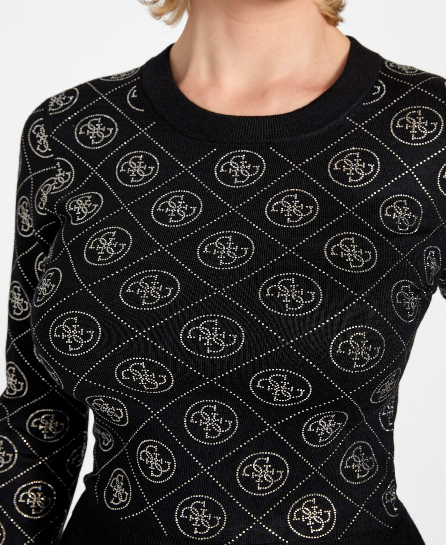 Женский свитер GUESS Long-Sleeve Crewneck Rhinestones 4G, цвет: Чёрный — фото 4