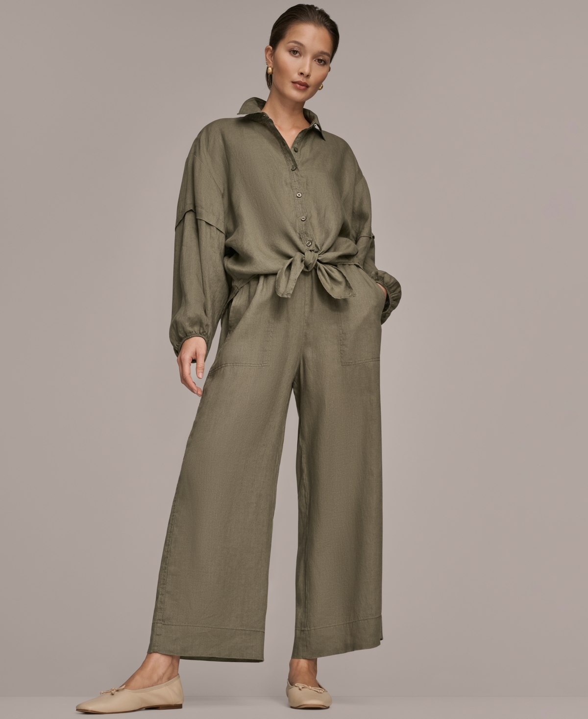 Donna Karan Weekend Women's Long Blouson Sleeve Button Adjustable Tie Shirt