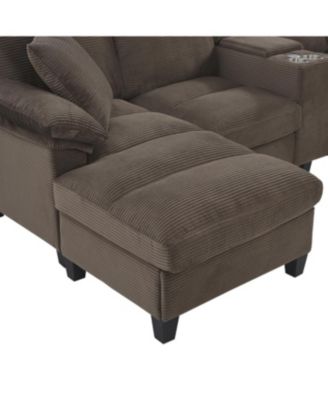  Modern U-shaped Corduroy Sofa with Storage, Cup Holders & USB Ports
