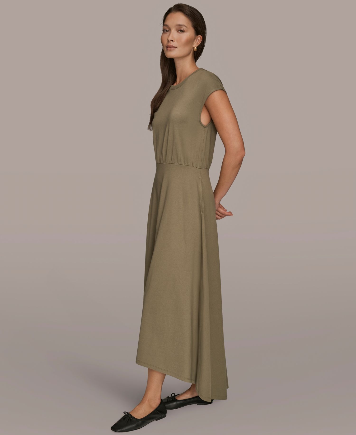 Women's Cotton Jersey Hi Lo Cap Sleeve Crew Neck Dress