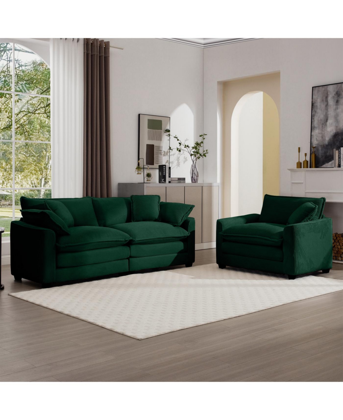Streamdale Mid-Century Modern Green Corduroy Sectional Set - 3 Seater & 1 Single Seater