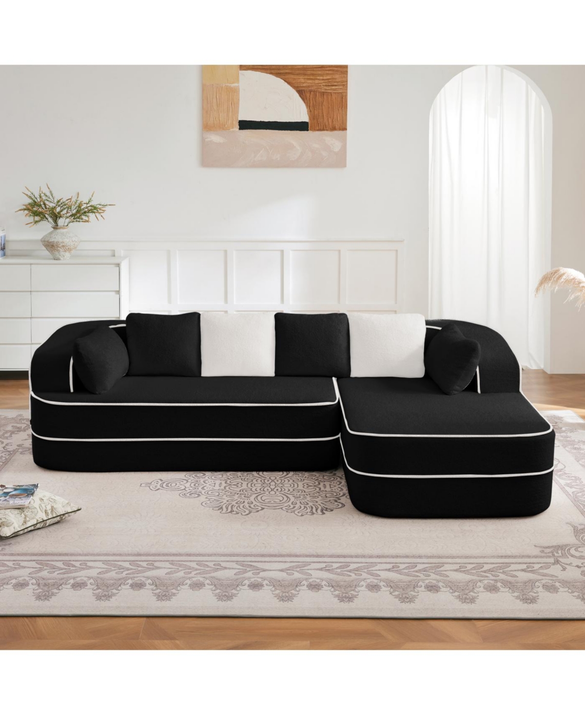 Streamdale Furniture 106" Teddy Fabric Sofa, No Assembly, L-Shaped Chaise, Black