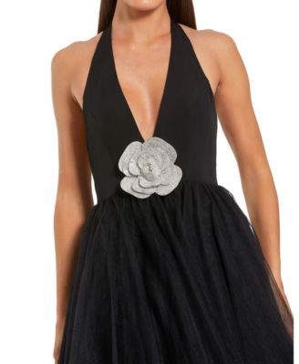 Women's Jersey Halter Ballgown with Tulle Skirt and Floral Detail