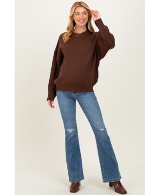 Maternity Brown Cable Knit Sleeve Round Neck Sweater