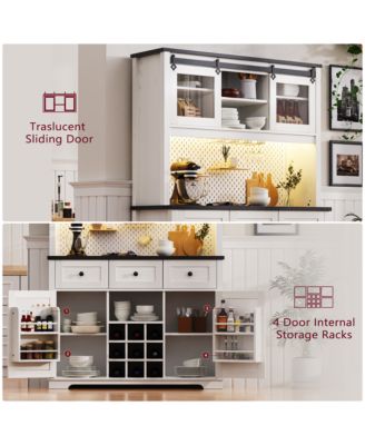 71" Farmhosue Pantry Bar Cabinet with Internal Storage Rack,Kitchen Cabinet with Hutch,Sliding Door,Rustic Coffee Bar Storage Cabinet