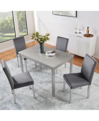 5-Piece Silver Grey Crystal Accent Wood Dining Set with Rectangular Table and 4 Upholstered Chairs