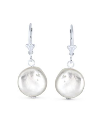 Baroque Irregular Round Coin Shaped White Biwa Pearl Dangle Earrings Sterling Silver Lever back