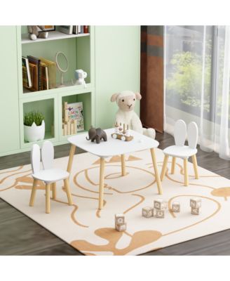 CASAINC 3-Piece Rabbit Themed Kids Table and Chair Set with Solid Wood Legs in White
