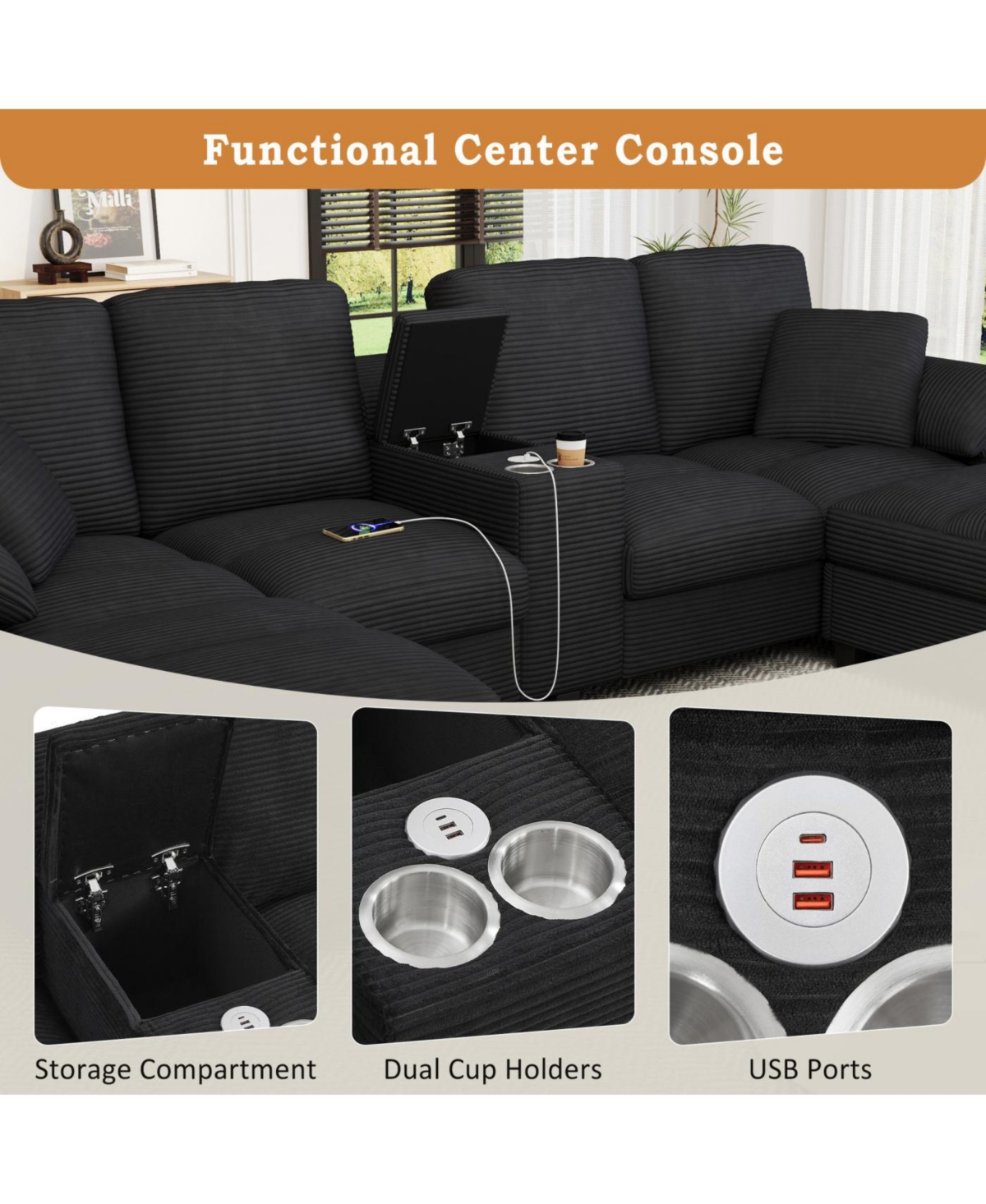 Streamdale Furniture Modern U-shaped Corduroy Sofa with Storage, Cup Holders & Usb Ports, Black