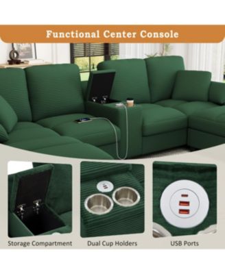  Modern U-shaped Corduroy Sofa with Storage, Cup Holders & USB Ports