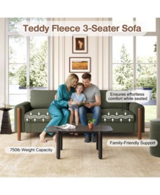 Streamdale 83.86" 3-Seater Sofa, Curved Armrest, Teddy Velvet, Solid Wood Legs & Frame, Green