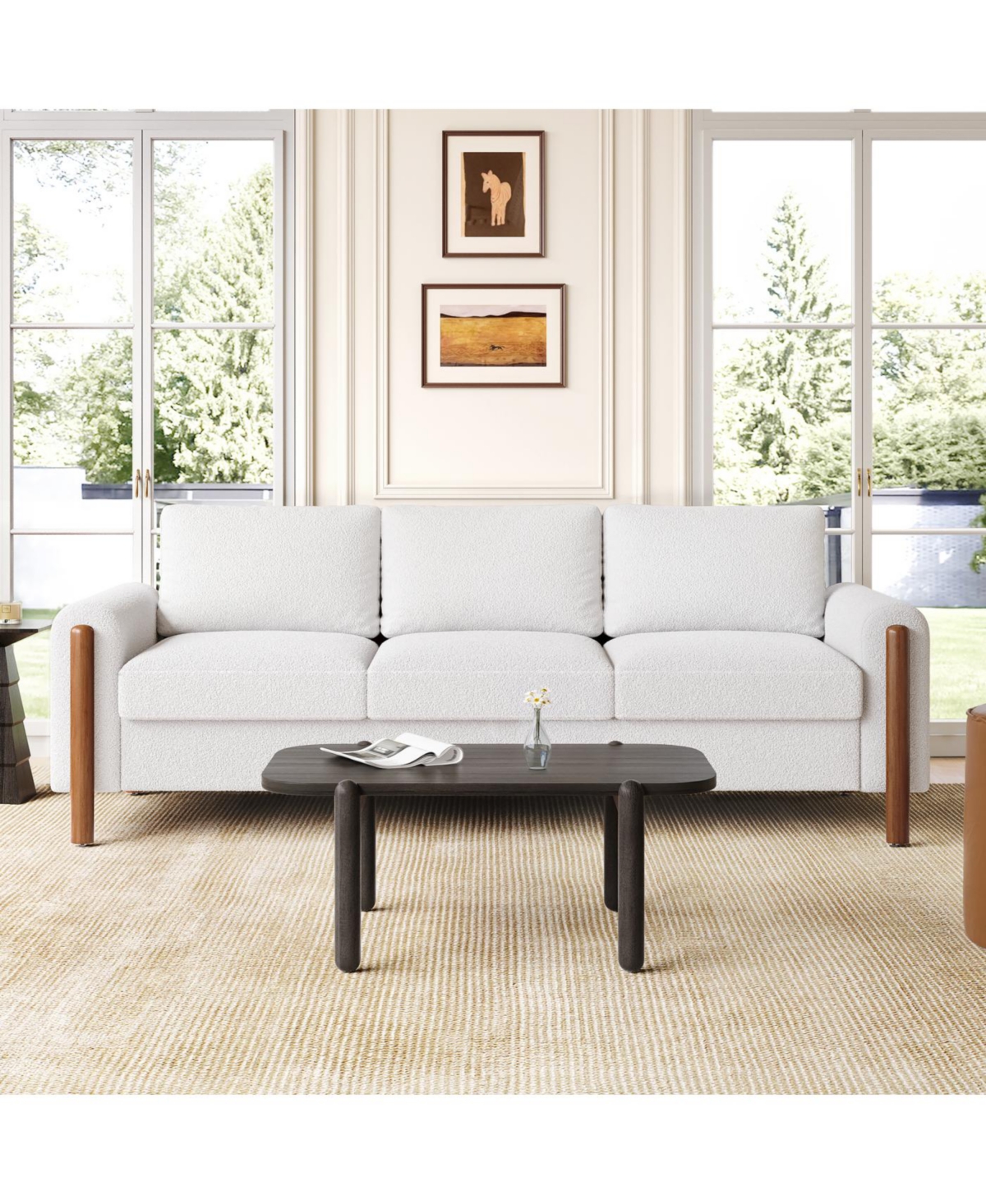 Streamdale Furniture 83.86" 3-Seater Sofa, Curved Armrest, Teddy Velvet, Solid Wood Legs & Frame, Green