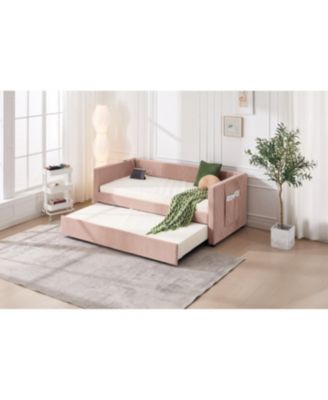 Streamdale Twin Upholstered Daybed with Trundle, USB, Pockets (Pink, Twin)
