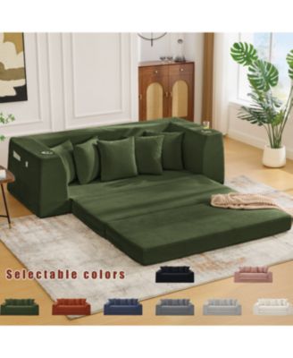 Corduroy Convertible Sofa Bed Loveseat Sleeper with 5 Pillows, Green