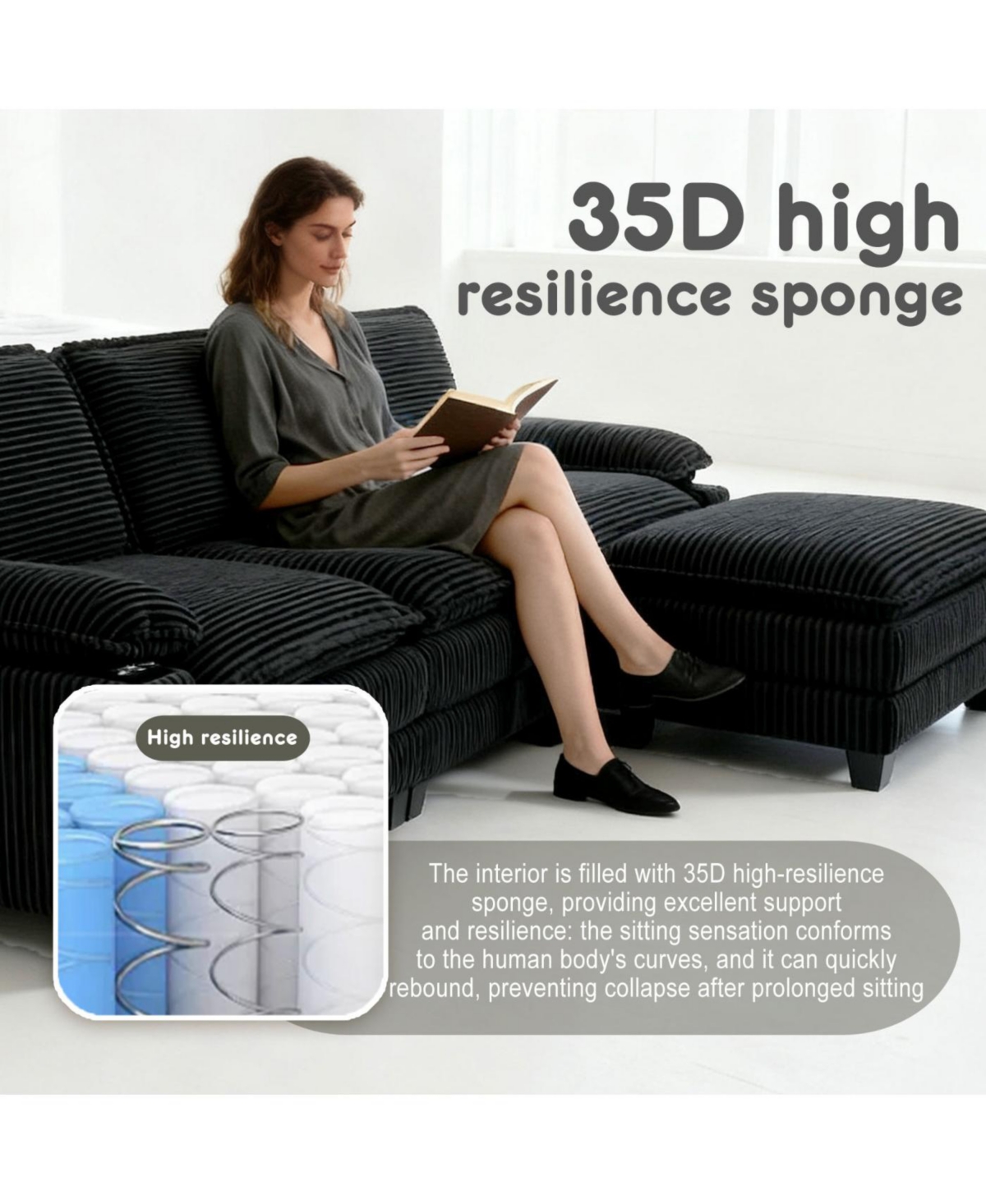 Streamdale Modern 3+1 L-Shaped Corduroy Sofa with Ottoman, Cloud Couch for Living Room.