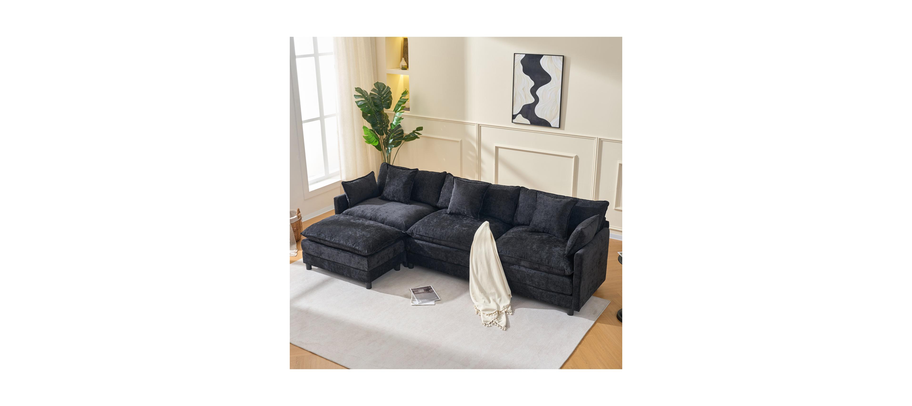 Streamdale Modern L-Shaped Cloud Couch with Ottoman - 4-Seat Chenille Sofa