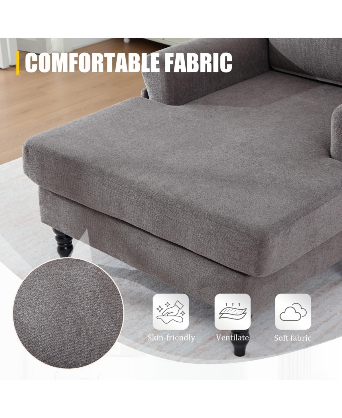 Streamdale Modern Minimalist Chenille Chaise Lounge Recliner Sofa with Wooden Legs & Side Pockets