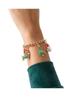 Holiday Charm Bracelet, Gold Tone Enamel Christmas Motifs